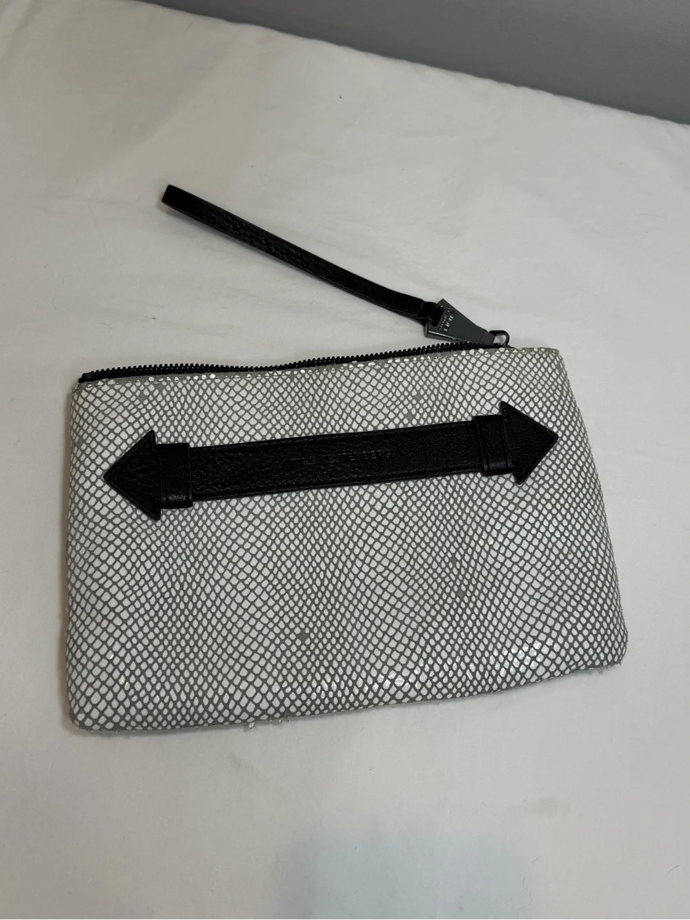 Aimee Kestenberg gray cream black leather zip top clutch
